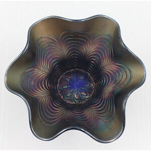 Vintage Fenton Peacock Tail Carnival Ruffled Iridescent Bowl Small
